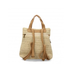 Mochila de rafia para mujer, compartimento principal de cremallera y bolsillo con botón de imán.