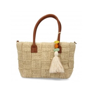 Bolso de hombro de rafia para mujer, diseño moderno con flecos, interior amplio con un compartimento principal