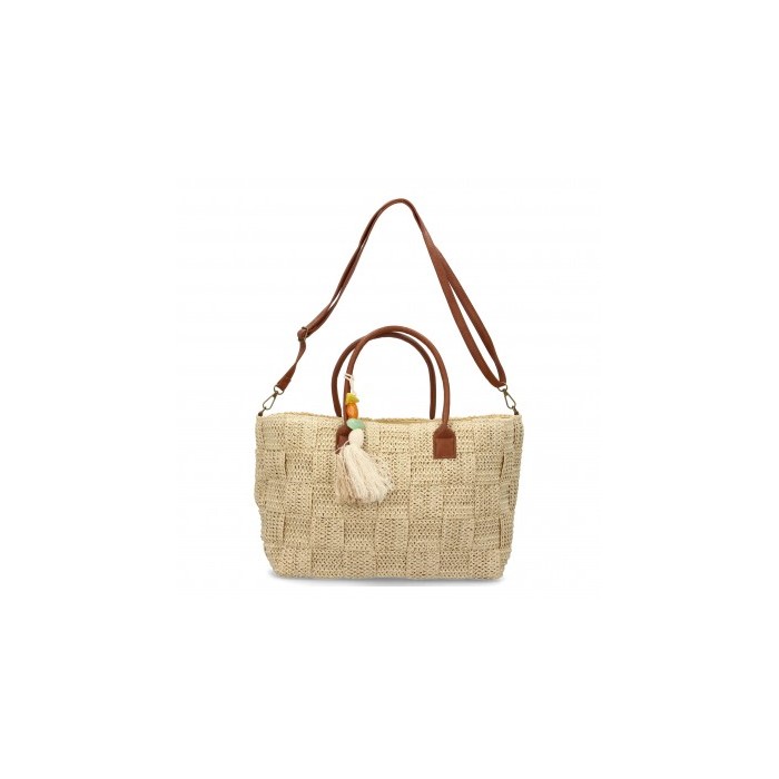 Bolso de hombro de rafia para mujer, diseño moderno con flecos, interior amplio con un compartimento principal