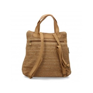Mochila de rafia para mujer, compartimento principal de cremallera y bolsillo con botón de imán.