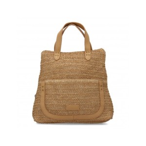 Mochila de rafia para mujer, compartimento principal de cremallera y bolsillo con botón de imán.